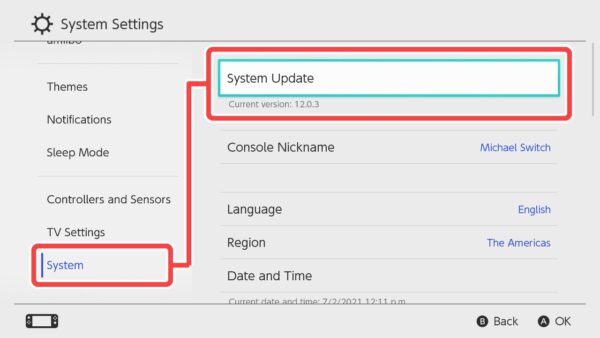 Nintendo system update settings